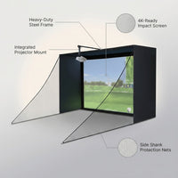 Complete Golf Simulator Enclosure Package – 4K-Ready Impact Screen with Blackout Cage, Projector Mount, Frame Poles, Side Shank Nets | Indoor & Garage Practice | Easy Setup | 12-Month Warranty — infographic