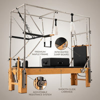 Pilates Reformer Machine Built for Full-Body Training, Premium Maple Frame, Jump Board, Adjustable Resistance — infographic