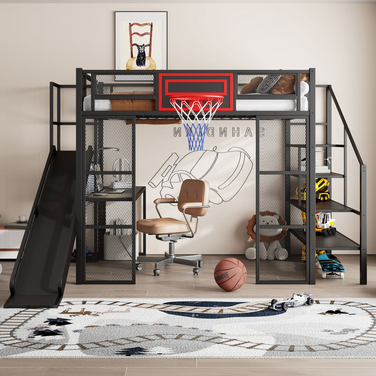 Full Size Metal Loft Bed with Built-in Desk, Open Wardrobe, Basketball Hoop, Slide and Staircase