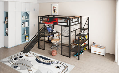 Full Size Metal Loft Bed with Built-in Desk, Open Wardrobe, Basketball Hoop, Slide and Staircase