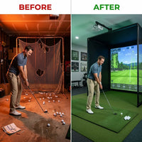 Complete Golf Simulator Enclosure Package – 4K-Ready Impact Screen with Blackout Cage, Projector Mount, Frame Poles, Side Shank Nets | Indoor & Garage Practice | Easy Setup | 12-Month Warranty — Before & After