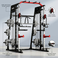 Smith Machine Home Gym All-In-1, 2200LBS Power Cage with Dual Cable Pulley Systems, LAT Pull-Down & Leg Hold-Down | Complete Strength Training Equipment for Full Body Workouts — infographic