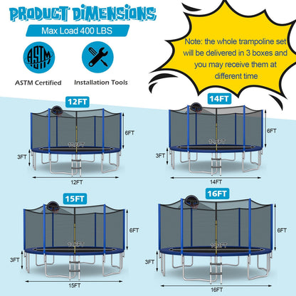12/14/15/16 Feet Outdoor Recreational Trampoline with Enclosure Net-14 ft