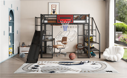 Full Size Metal Loft Bed with Built-in Desk, Open Wardrobe, Basketball Hoop, Slide and Staircase