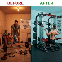 Smith Machine Home Gym All-In-1, 2200LBS Power Cage with Dual Cable Pulley Systems, LAT Pull-Down & Leg Hold-Down | Complete Strength Training Equipment for Full Body Workouts — Before & After