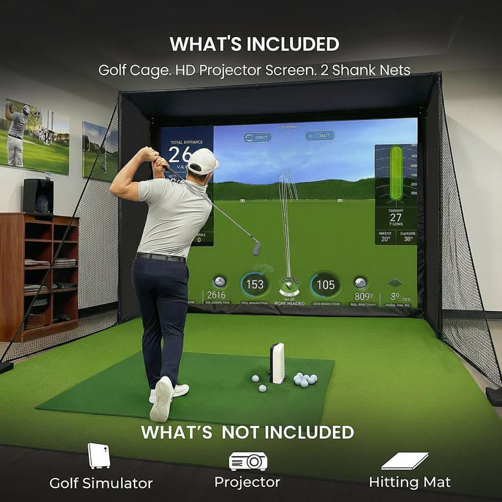 Golf Simulator Enclosure for Home Garage Indoor Sim Practice with Screen | 10 X 8 X 5 Ft with HD Impact Screen Two Shank Nets Corner Foam Padding (Projector Launch Monitor & Hitting Mat Not Included)