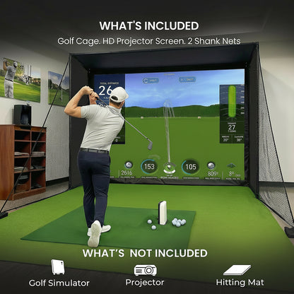 Golf Simulator Enclosure for Home Garage Indoor Sim Practice with Screen | 10 X 8 X 5 Ft with HD Impact Screen Two Shank Nets Corner Foam Padding (Projector Launch Monitor & Hitting Mat Not Included)