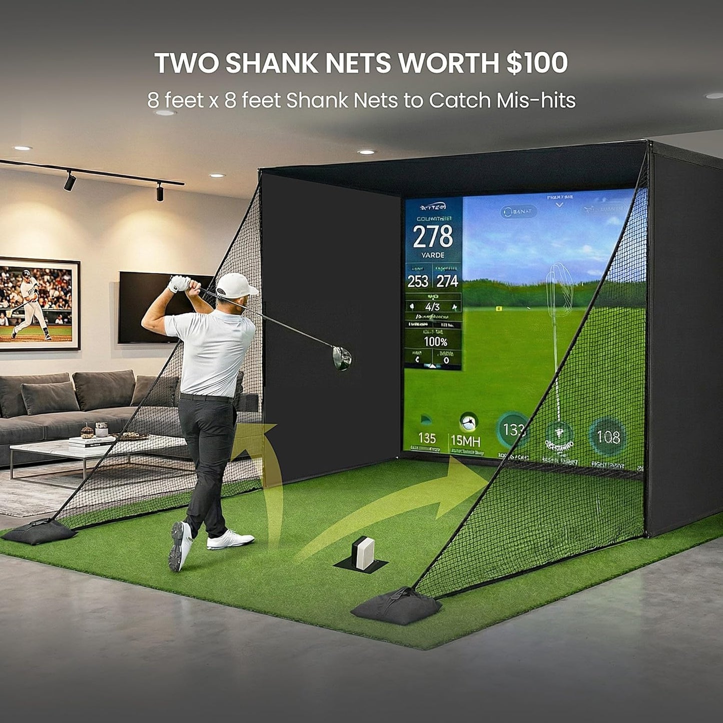 Golf Simulator Enclosure for Home Garage Indoor Sim Practice with Screen | 10 X 8 X 5 Ft with HD Impact Screen Two Shank Nets Corner Foam Padding (Projector Launch Monitor & Hitting Mat Not Included)
