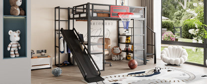 Full Size Metal Loft Bed with Built-in Desk, Open Wardrobe, Basketball Hoop, Slide and Staircase